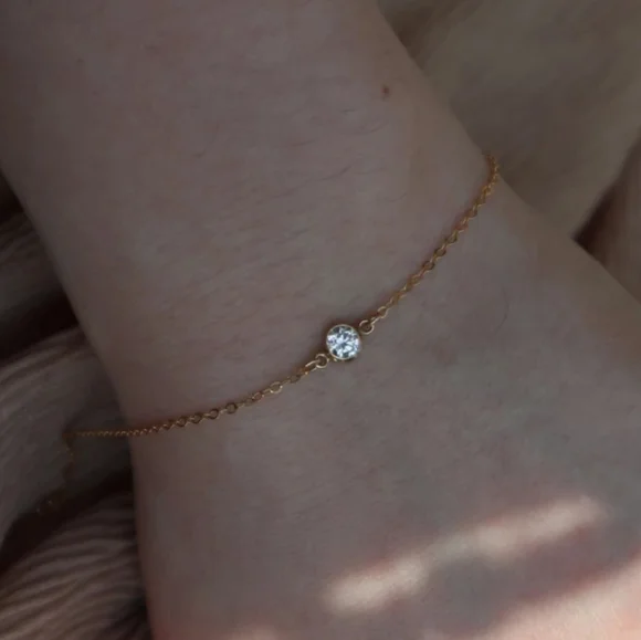 NEW 18k Yellow Gold | 925 Sterling Bezel Set Diamond Solitaire Bracelet - Picture 5 of 16